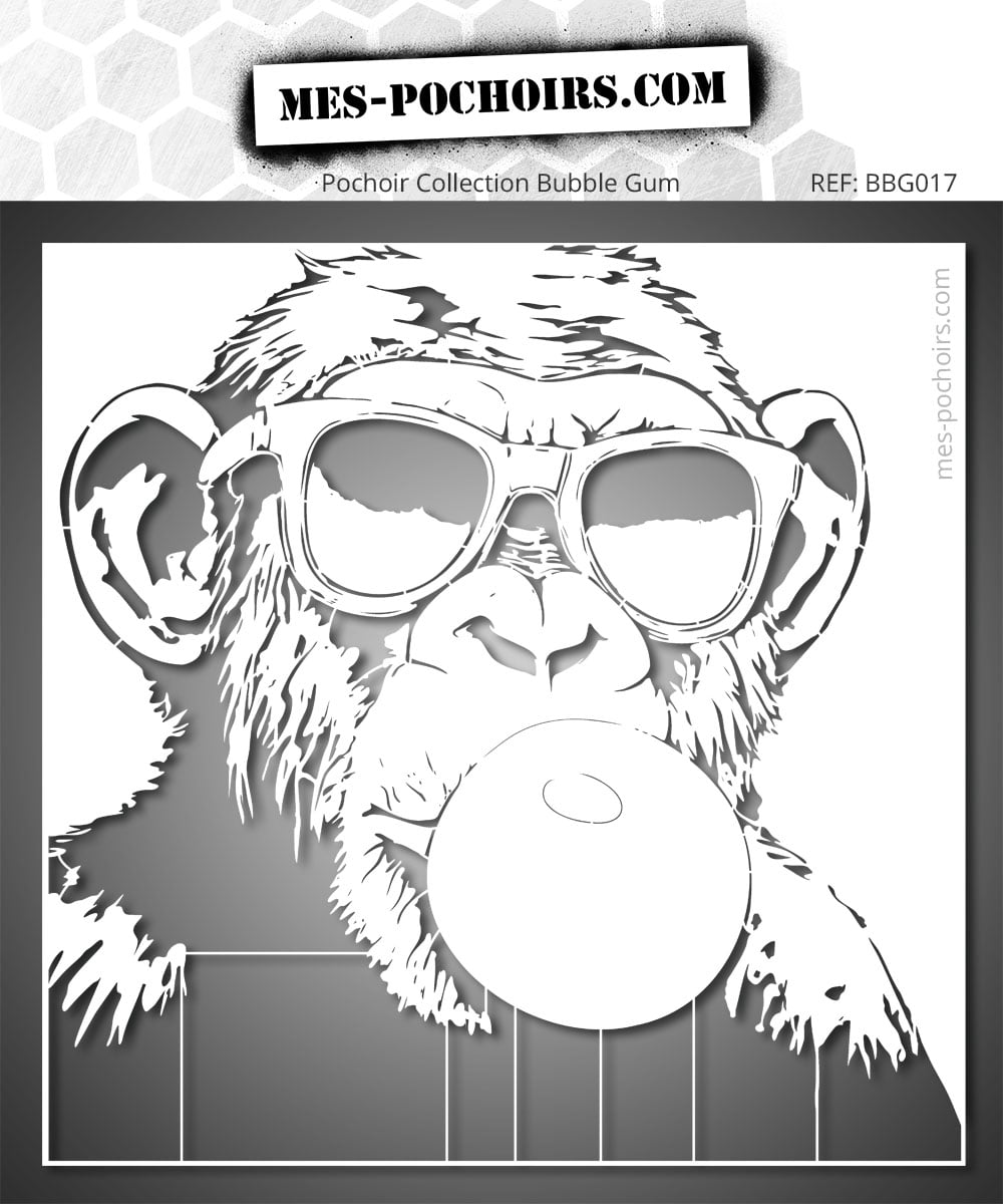 Pochoir d'un singe avec des lunettes de soleil et une bulle de chewing-gum. Déco murale fun et cool