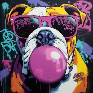 Artistieke inspiratie van een bulldog met kauwgom en gekleurde zonnebril