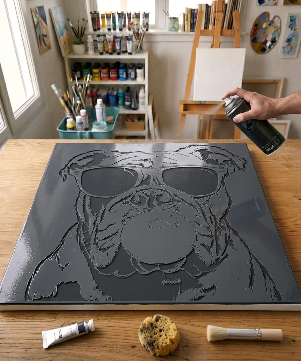 Application du Pochoir Bulldog Bubble Gum avec peinture sur toile pour un tableau issu d\’une collection artistique