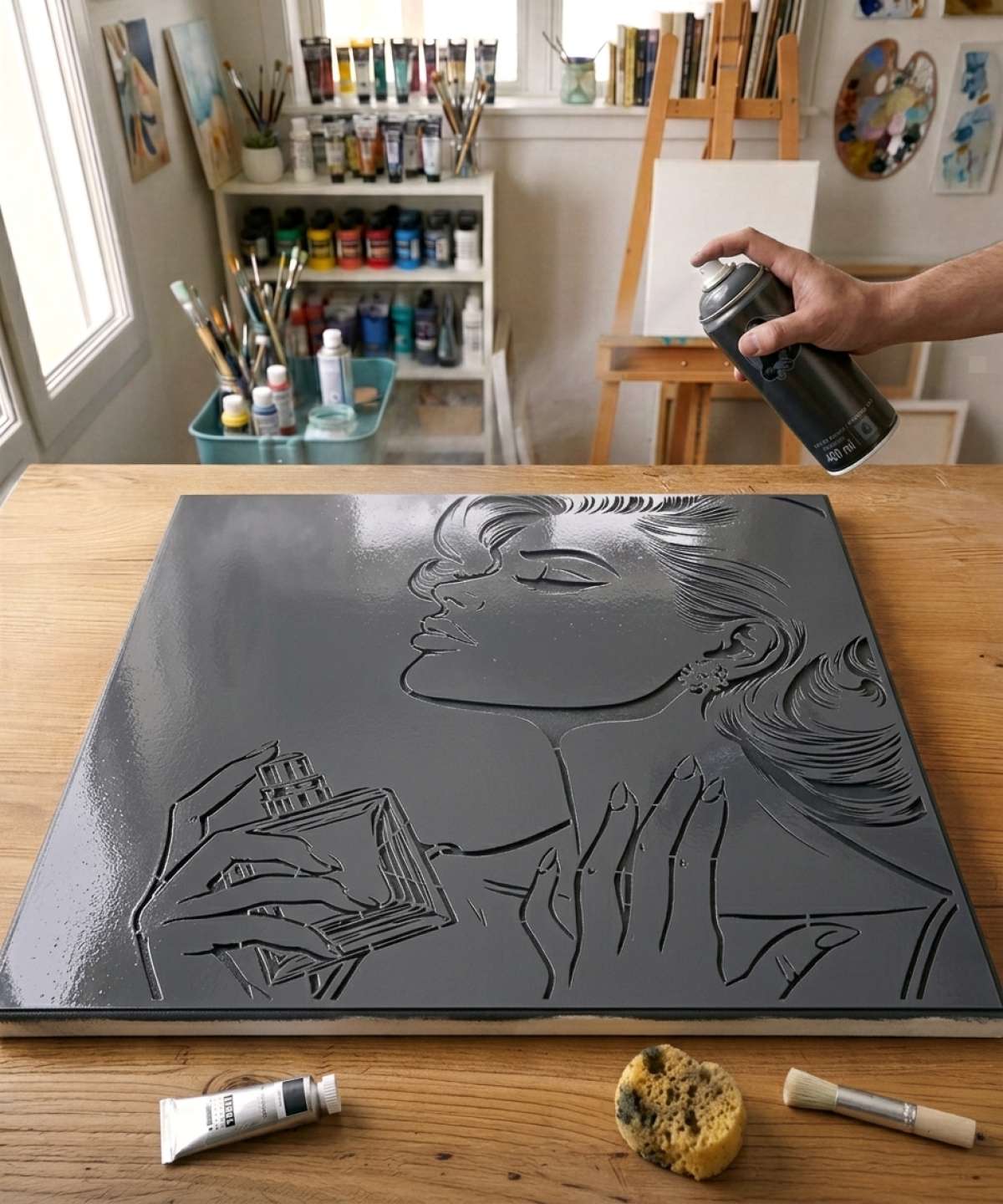 Application du Pochoir BD Comics Femme & Parfum – EVF011 avec peinture sur toile pour un tableau issu d\’une collection artistique