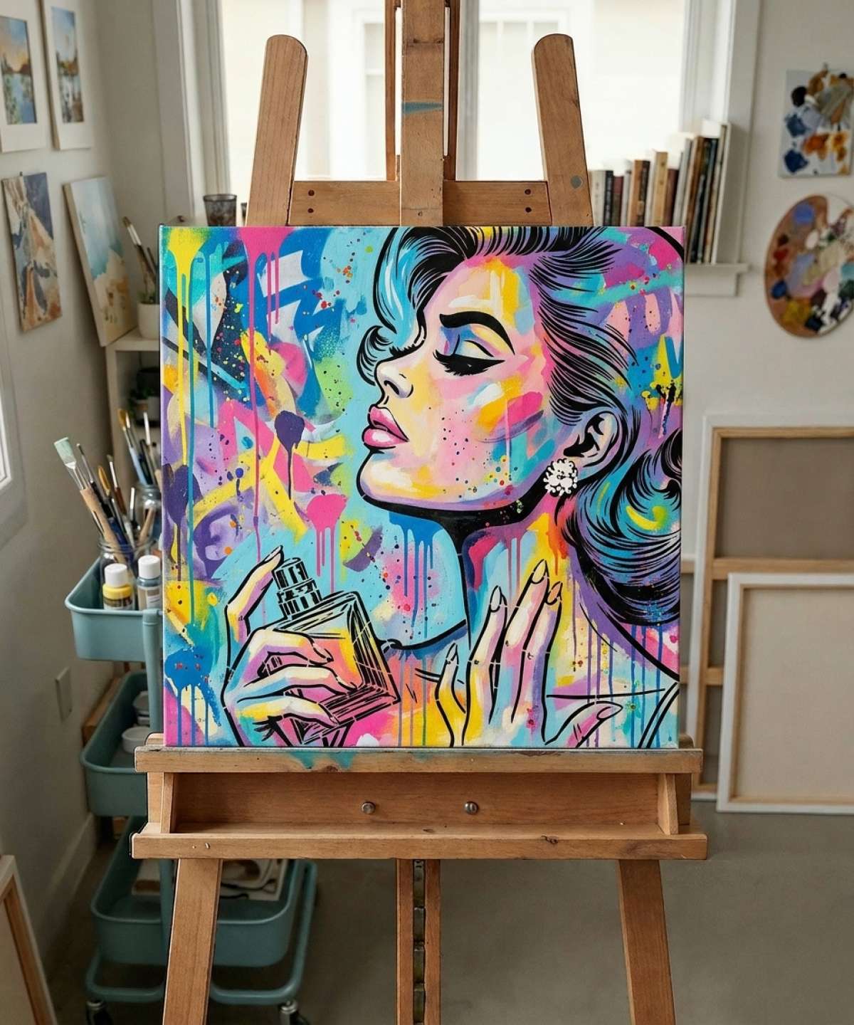 Résultat du pochoir Pochoir BD Comics Femme & Parfum – EVF011 peint dans un style street art coloré à la bombe de peinture et au pinceau en atelier
