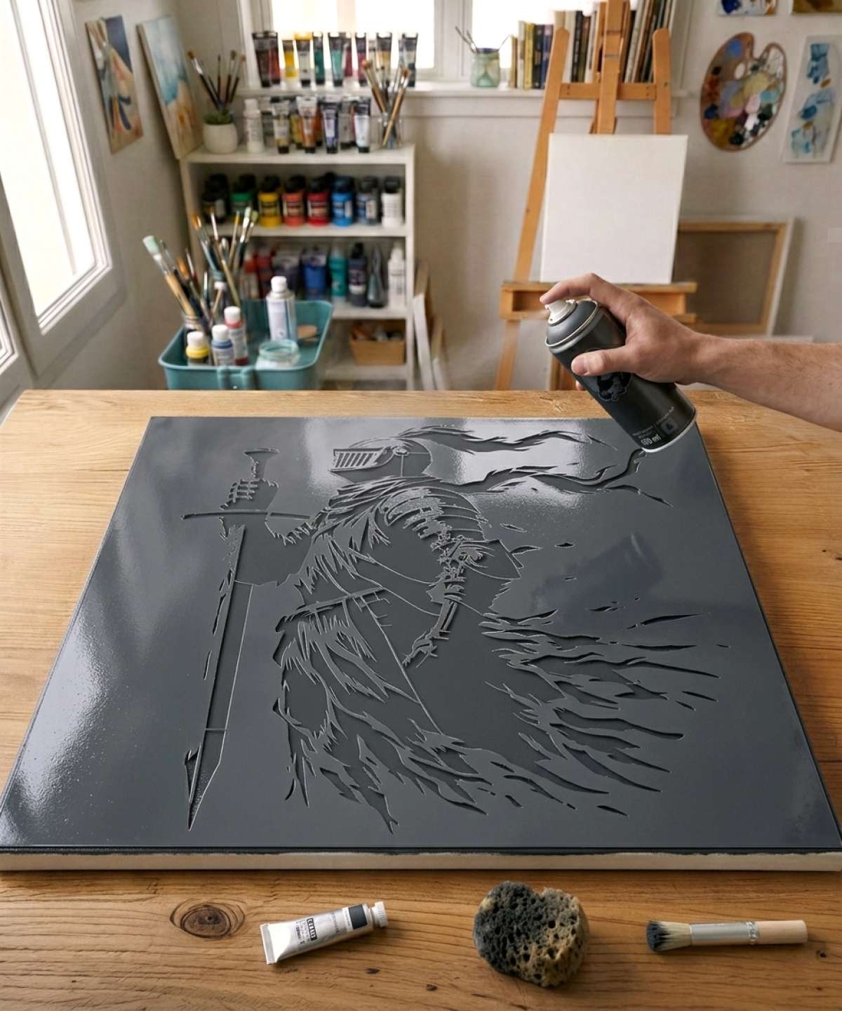 Plantilla Pochoir Chevalier du Serment Glorieux - FL0003 pintada sobre lienzo para un cuadro universo fantástico legendario