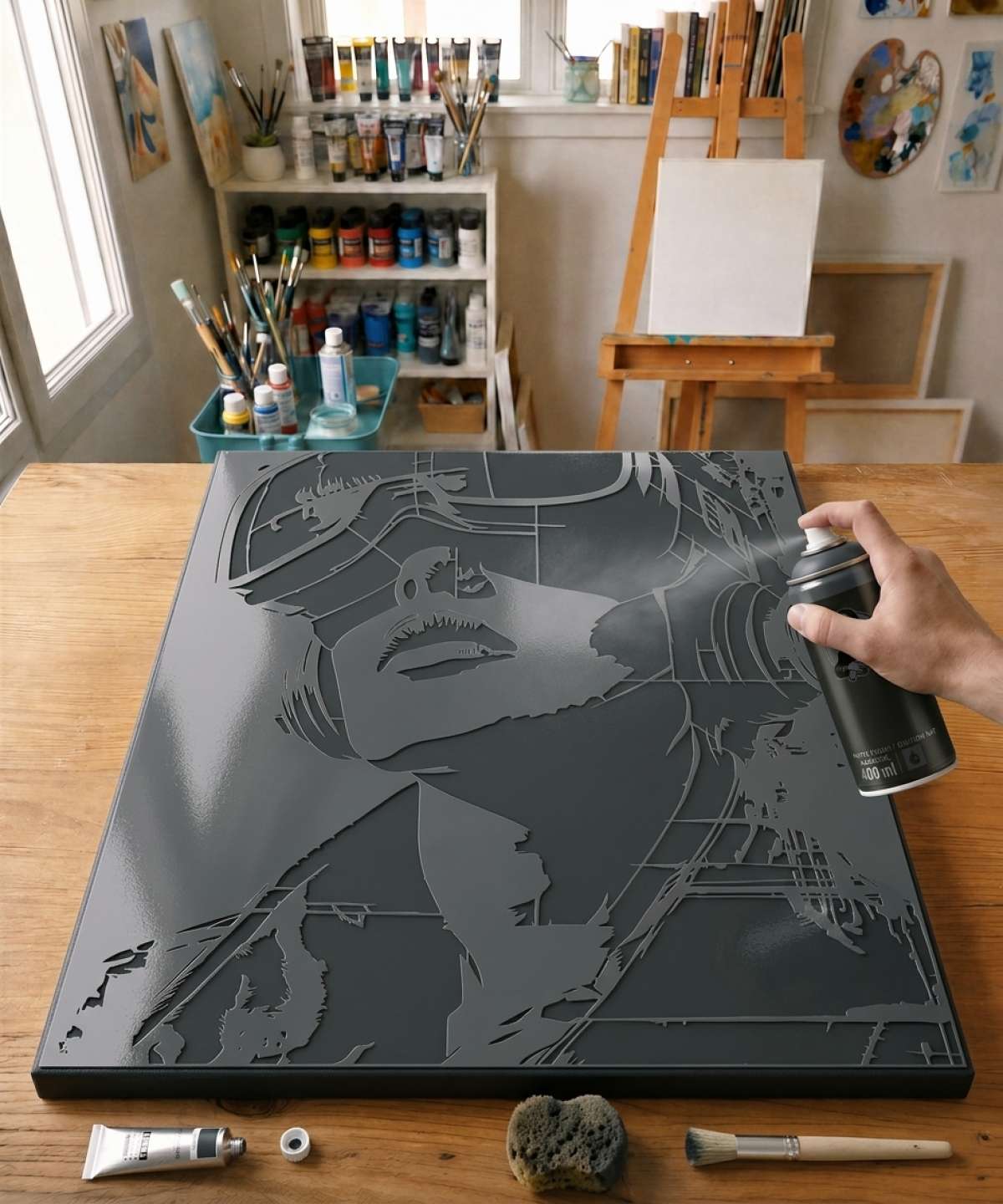 Application du Pochoir Réalité Virtuelle – FRR002 avec peinture sur toile pour un tableau issu d\’une collection artistique