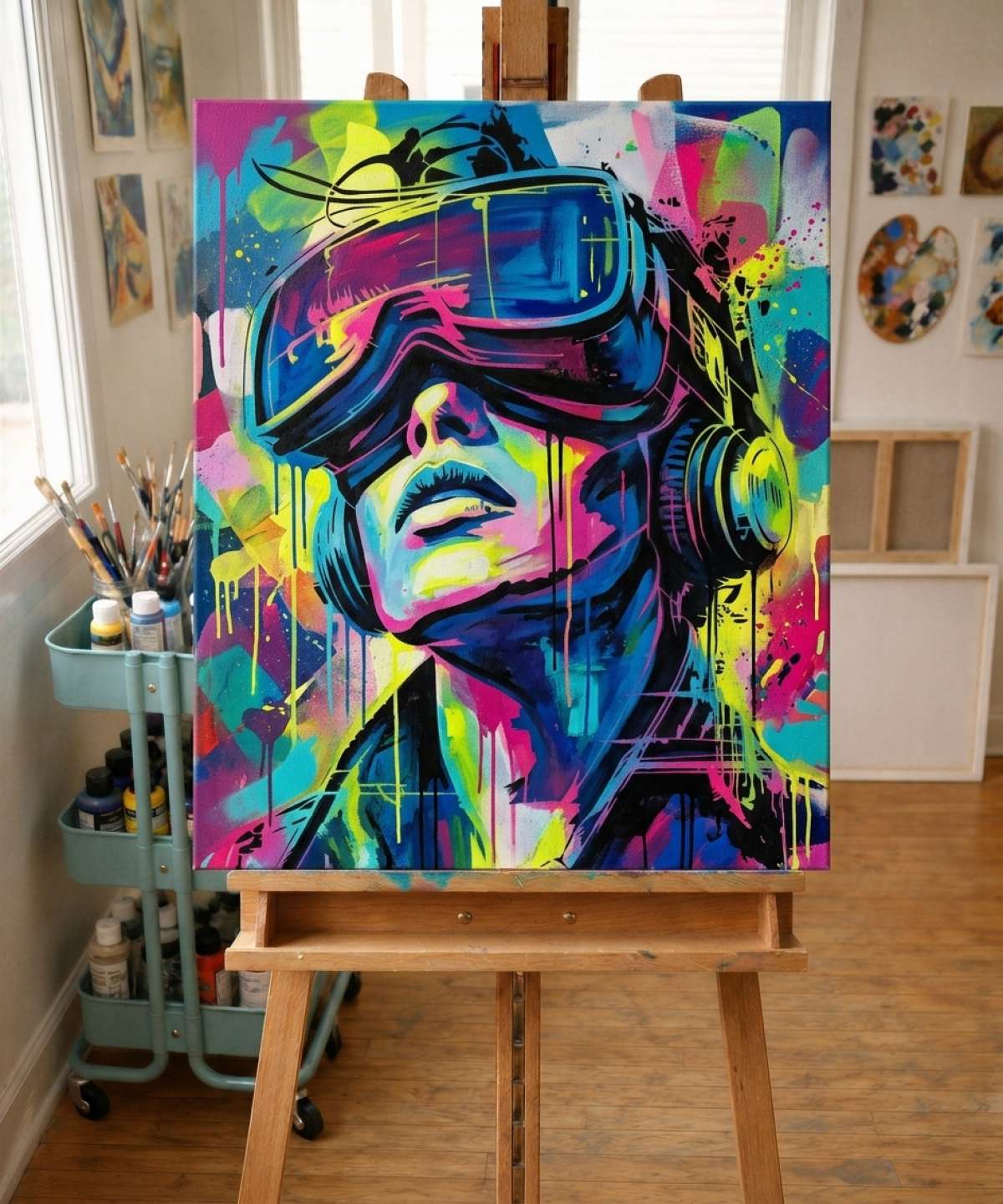 Résultat du pochoir Pochoir Réalité Virtuelle – FRR002 peint dans un style street art coloré à la bombe de peinture et au pinceau en atelier