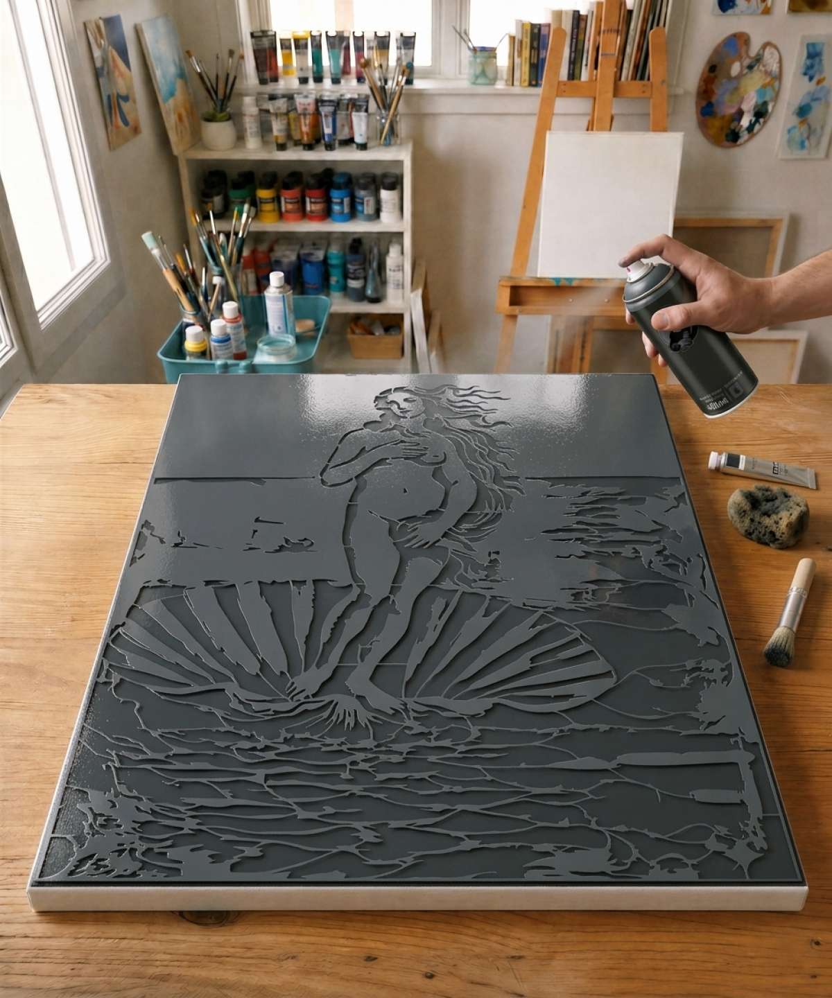 Plantilla plantilla El Nacimiento de Venus pintada sobre lienzo para un cuadro tema San Valentín