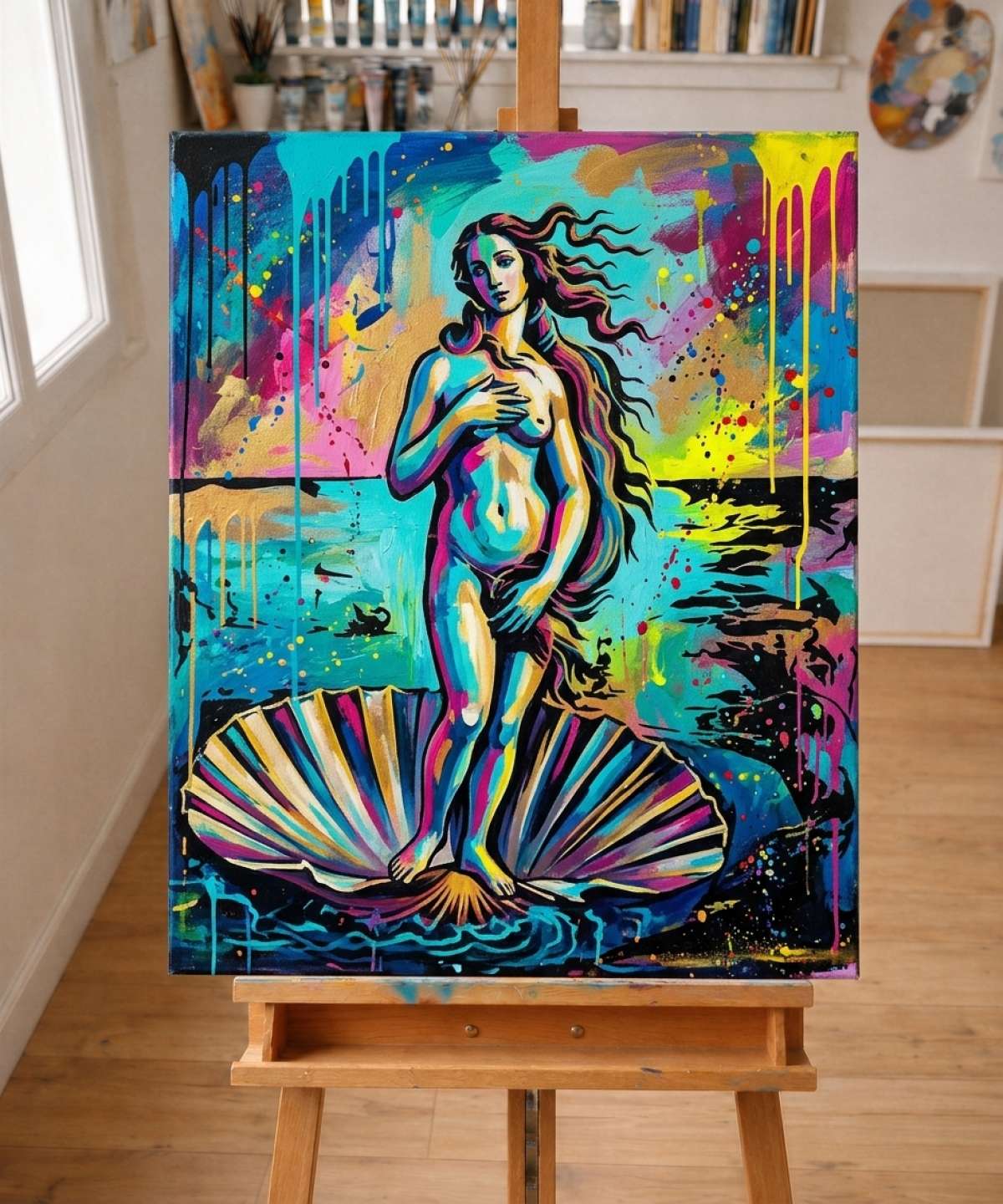 Resultado de la plantilla plantilla El Nacimiento de Venus pintada en estilo street art colorido con pintura en aerosol y pincel en taller