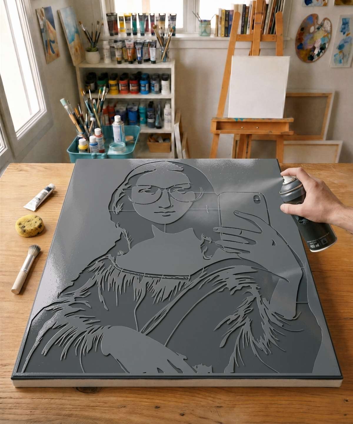 Application du Pochoir Mona Lisa Selfie avec peinture sur toile pour un tableau portrait célébrité iconique