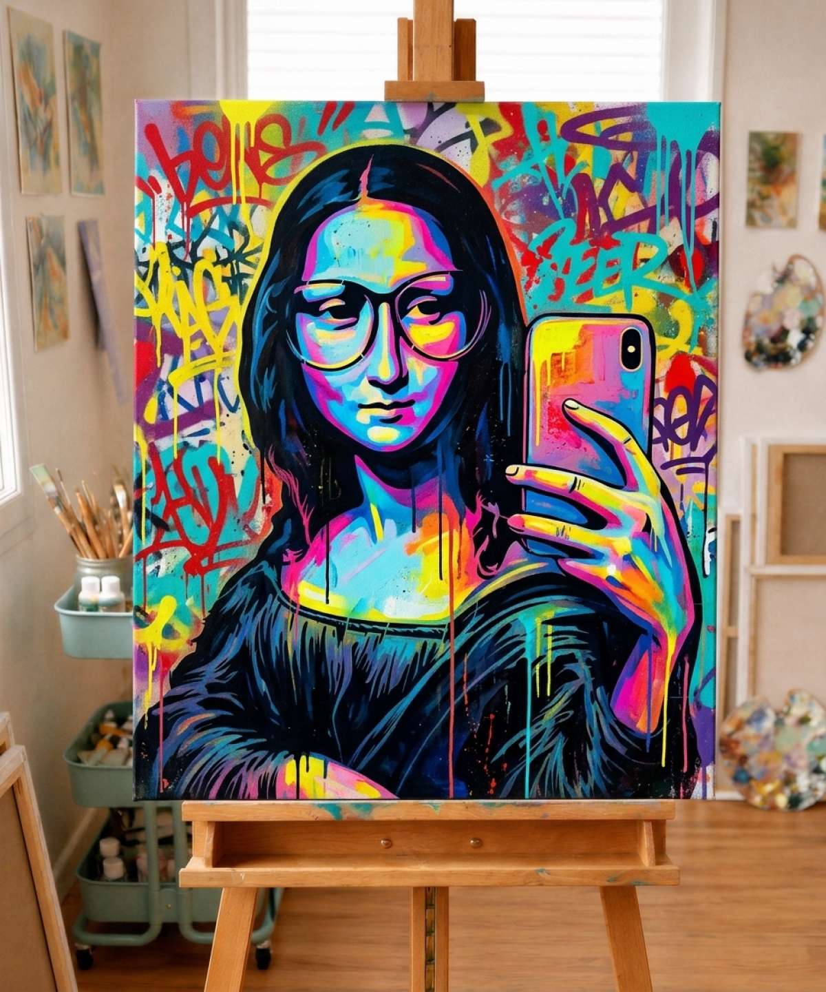 Résultat du pochoir Pochoir Mona Lisa Selfie peint dans un style street art coloré à la bombe de peinture et au pinceau en atelier