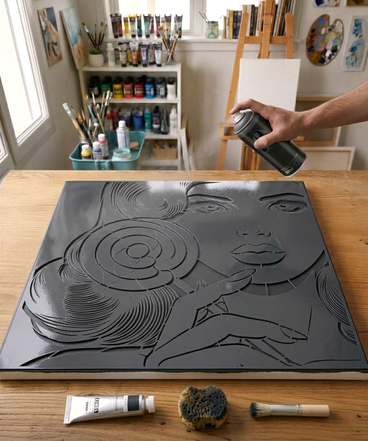 Application du Pochoir BD Comics Femme & Sucette – LPL001 avec peinture sur toile pour un tableau issu d\’une collection artistique