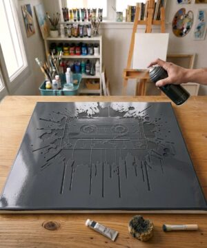 Pochoir Cassette Audio Peinture - MC0005 stencil painted on canvas for a music theme painting