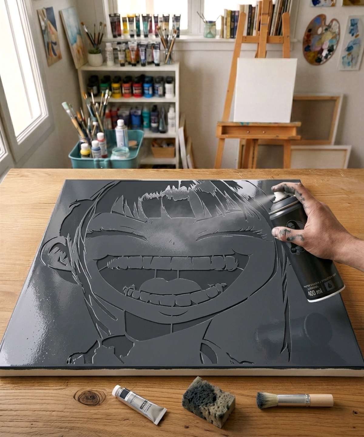 Application du Pochoir Manga – Eclats de Rire – MGS009 avec peinture sur toile pour un tableau issu d\’une collection artistique