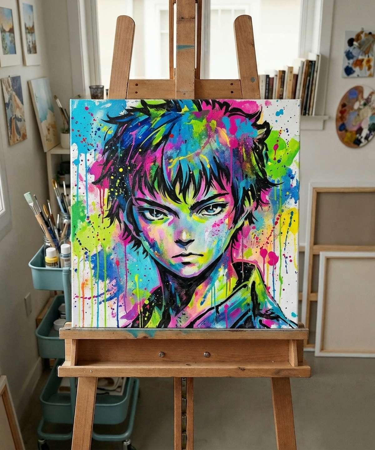 Pochoir Manga – Portrait Jeune Héros - MGS011 sjabloonresultaat geschilderd in kleurrijke street art met spuitverf en penseelwerk-stijl in atelier