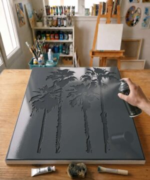 Pochoir groupe de Palmiers - N0022 stencil painted on canvas for a trees and flowers painting