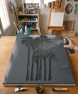 Pochoir Palmiers Été Tropical - N0024 stencil painted on canvas for a trees and flowers painting