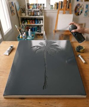 Pochoir Palmier Exotique - N0027 stencil painted on canvas for a trees and flowers painting