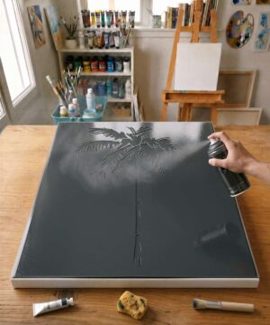 Pochoir Cocotier Paradisiaque - N0029 stencil painted on canvas for a trees and flowers painting