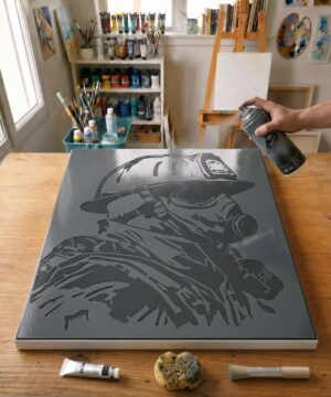 Pochoir Portrait Pompier - PA0027 stencil painted on canvas for a pop art portrait painting