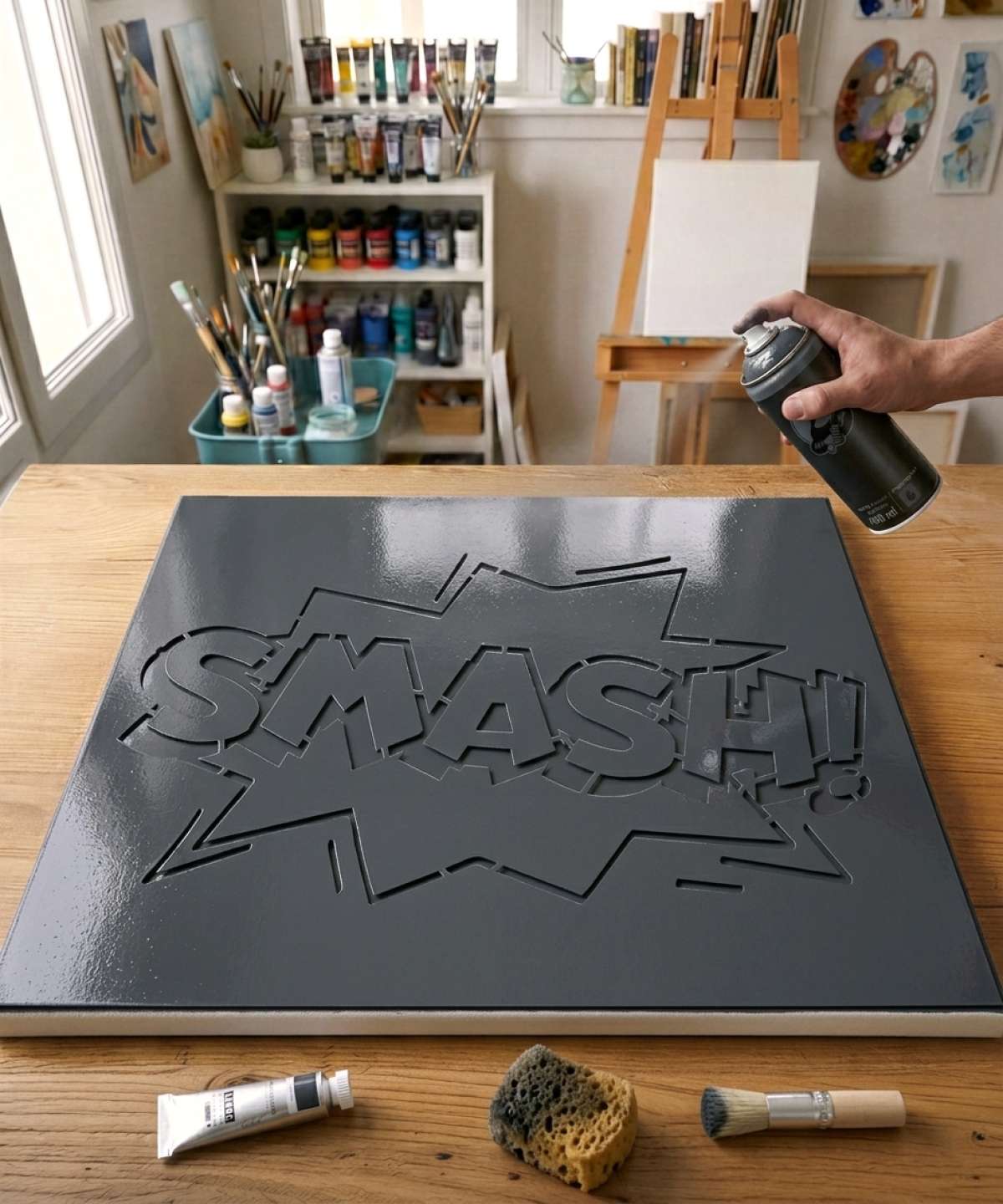 Pochoir Bulle BD Pop Art "SMASH!" - PAB017 Schablone auf Leinwand gemalt für ein Gemälde im Comic-Stil