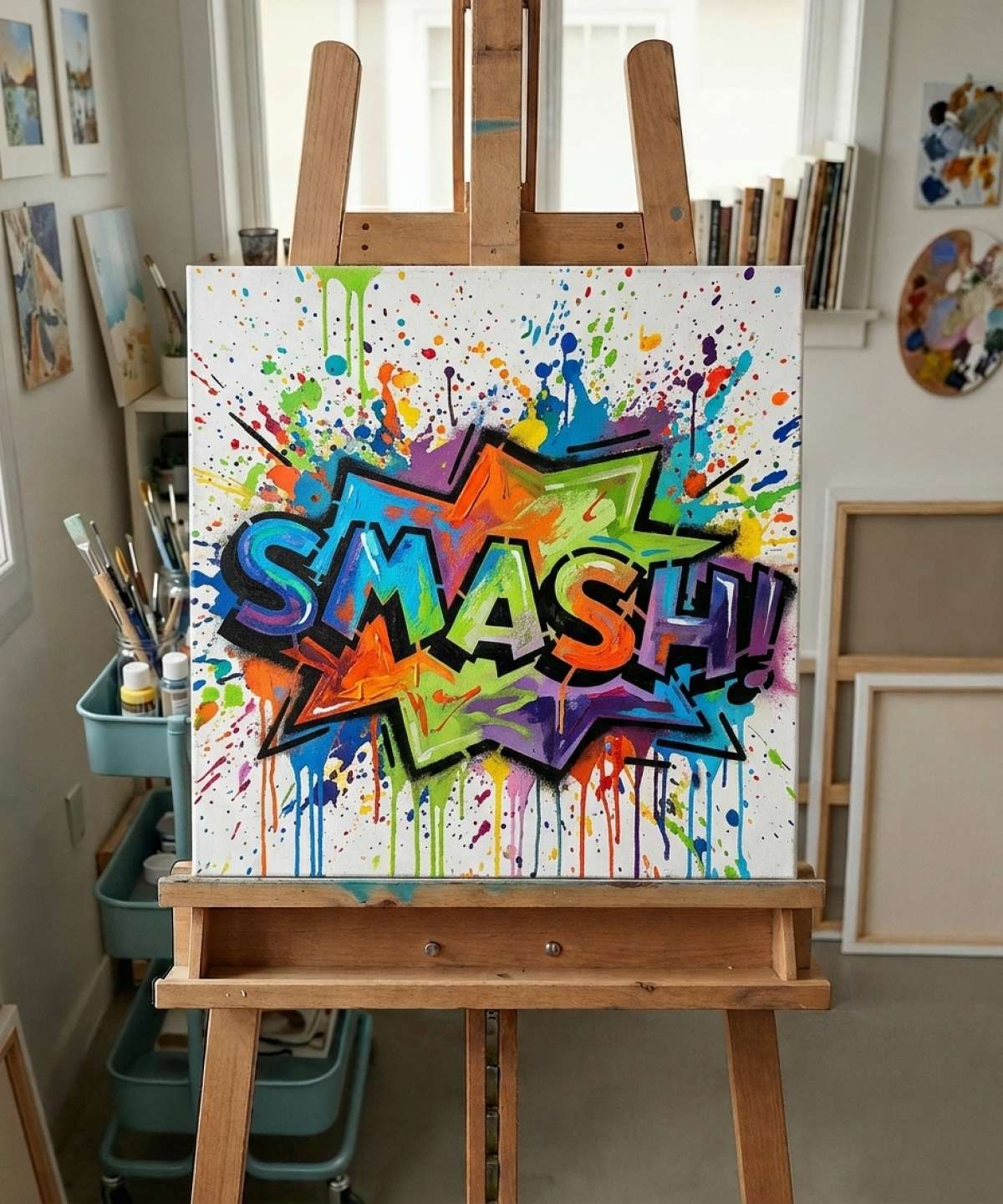 Pochoir Bulle BD Pop Art "SMASH!" - PAB017 Schablonen-Ergebnis im farbiger Street-Art mit Spraydose und Pinselarbeit-Stil in der Werkstatt gemalt
