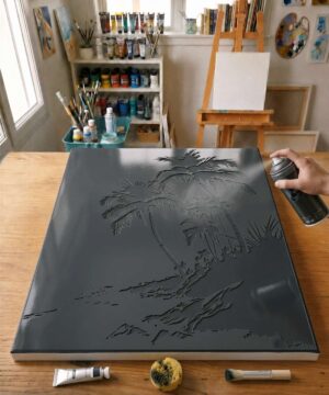 Pochoir Plage de Palmiers - PL0004 stencil painted on canvas for a nature landscape painting