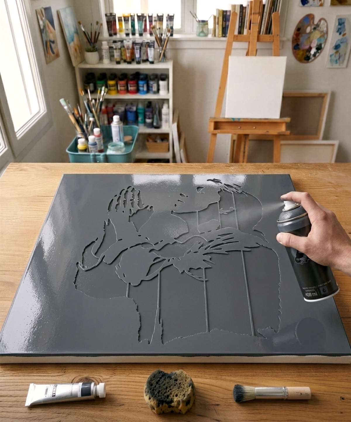 Pochoir Homme en Prière - PV0025 Schablone auf Leinwand gemalt für ein Porträt- und Gesichts-Gemälde