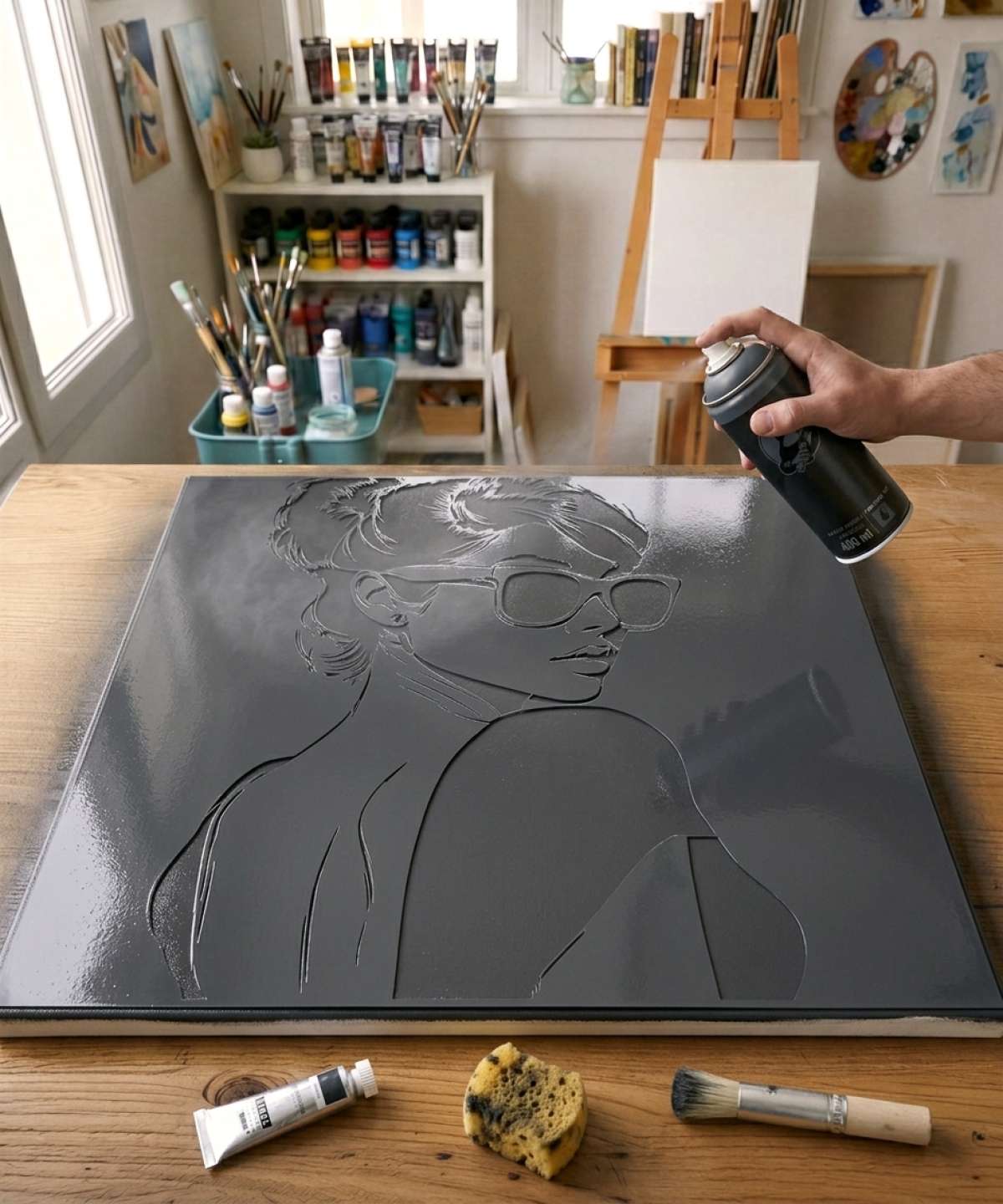 Elegant Woman Stencil stencil painted on canvas for a portrait and face painting