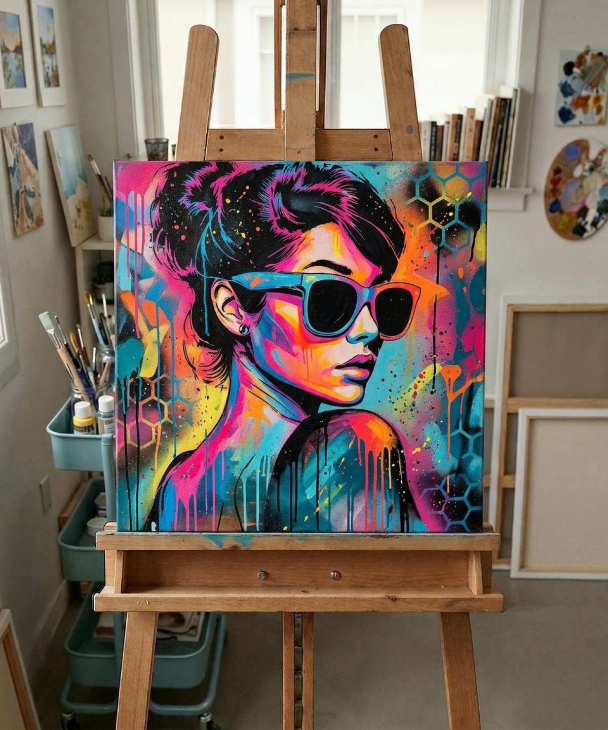 Elegant Woman Stencil stencil result painted in colorful street art with spray paint and brushwork style in workshop