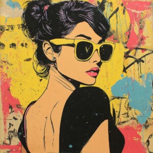 Peinture colorée d'une femme avec des lunettes de soleil. Silhouette féminine chic et tendance.