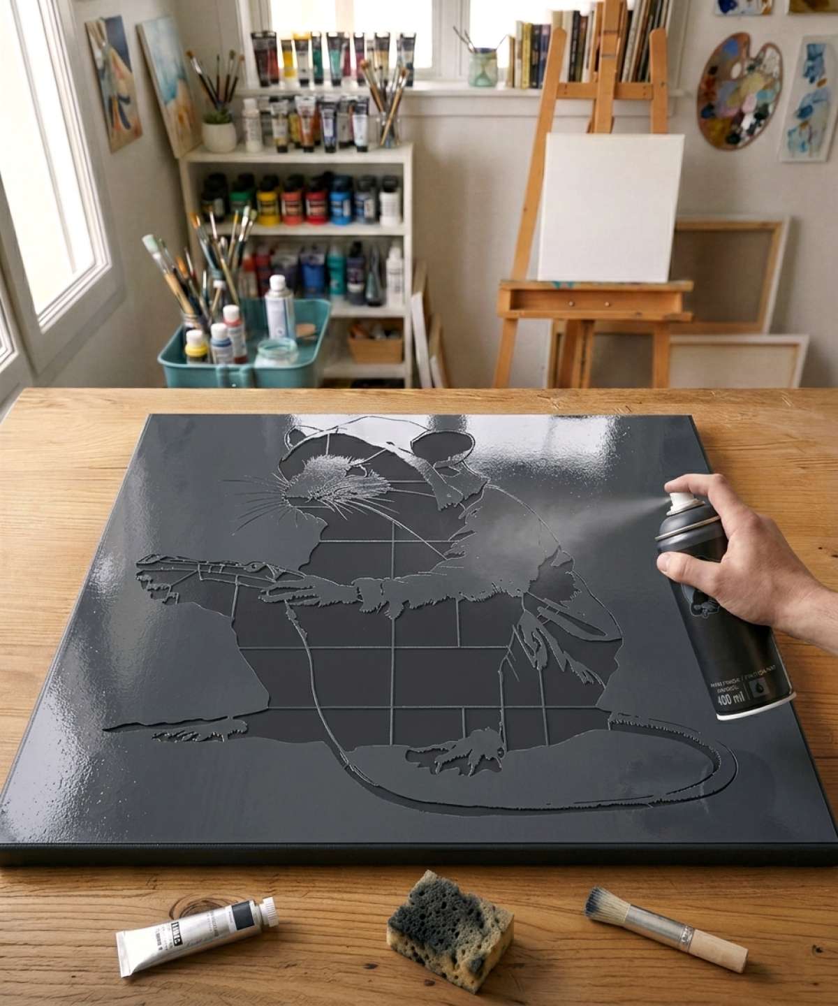 Application du Pochoir “Le Rat Gamer” – SA0013 avec peinture sur toile pour un tableau issu d\’une collection artistique