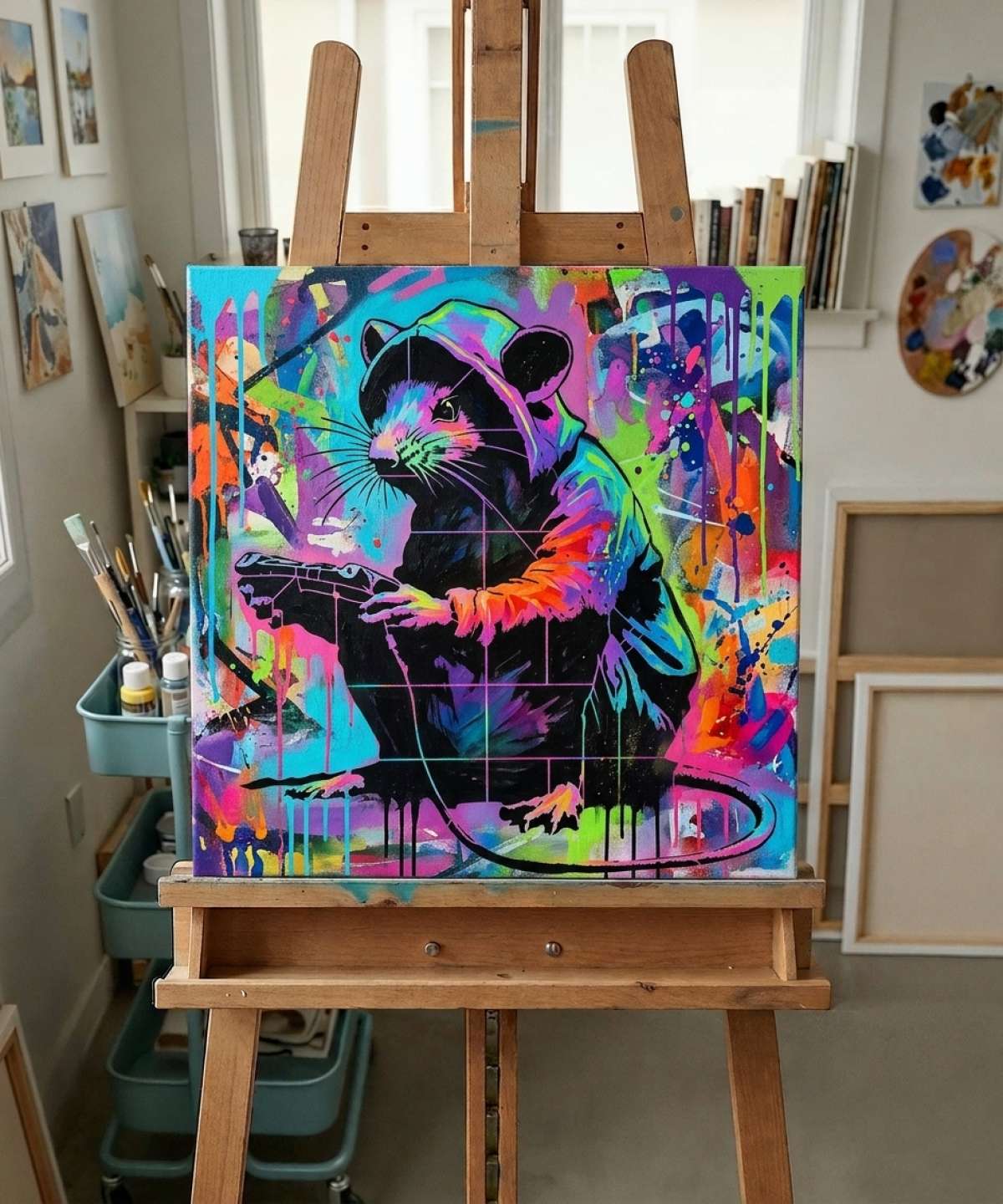 Pochoir "Le Rat Gamer" - SA0013 sjabloonresultaat geschilderd in kleurrijke street art met spuitverf en penseelwerk-stijl in atelier