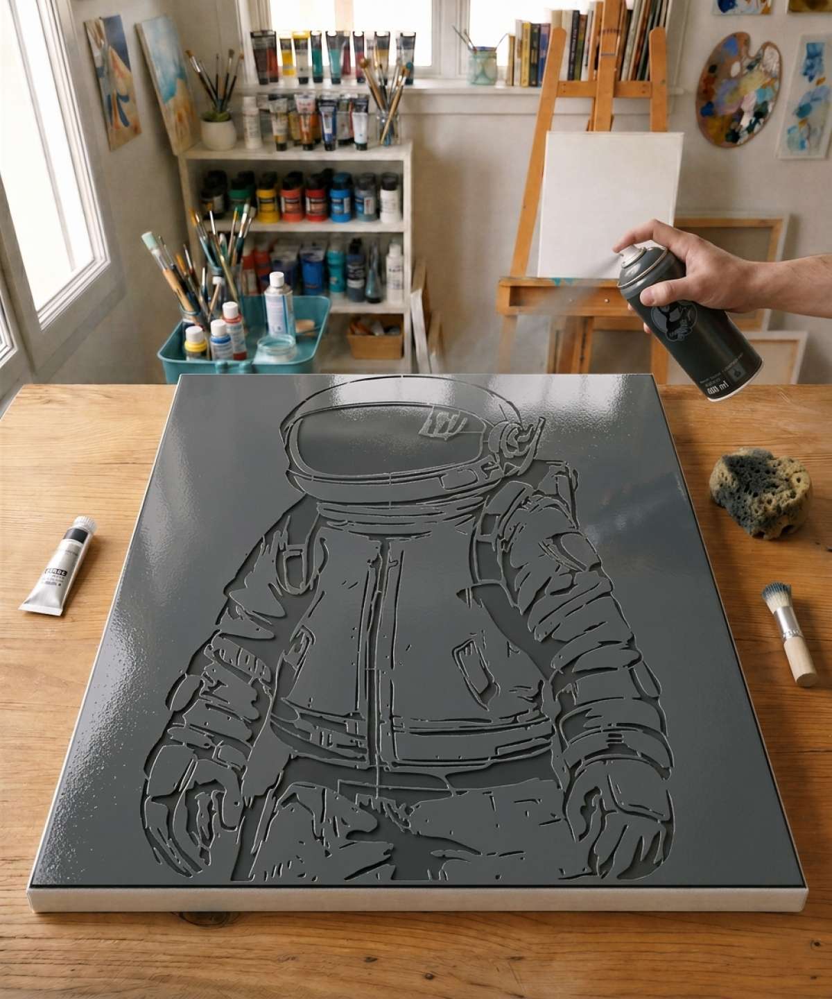 Application du Pochoir Le Petit Astronaute avec peinture sur toile pour un tableau portrait pop art