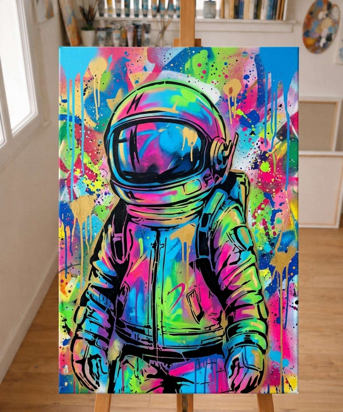 Résultat du pochoir Pochoir Le Petit Astronaute peint dans un style street art coloré à la bombe de peinture et au pinceau en atelier