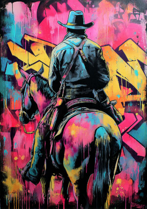 Murale colorato di un cowboy a cavallo - Immersione Far West