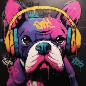 Ilustración realizada con la plantilla de bulldog con auriculares. Estilo street art, ambiente musical urbano y decoración mural moderna.