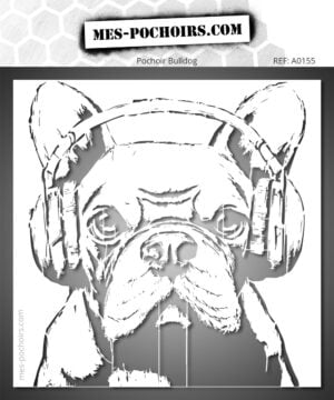 Plantilla de bulldog con auriculares, diseño street art para mural y universo musical DIY.