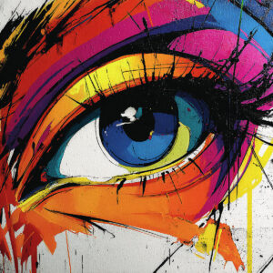 Interpretación artística colorida de una mirada expresiva, destacando la profundidad emocional y la energía de la plantilla.