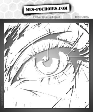 Plantilla que representa una mirada en primer plano, compuesta de líneas libres y expresivas que resaltan toda la intensidad del ojo.