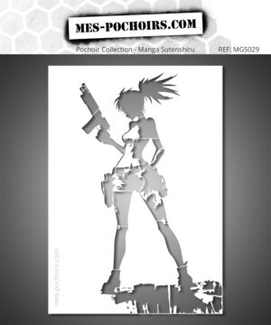 Detaillierte Manga-Schablone, die eine bewaffnete Heldin im modernen und intensiven Grafikstil zeigt.