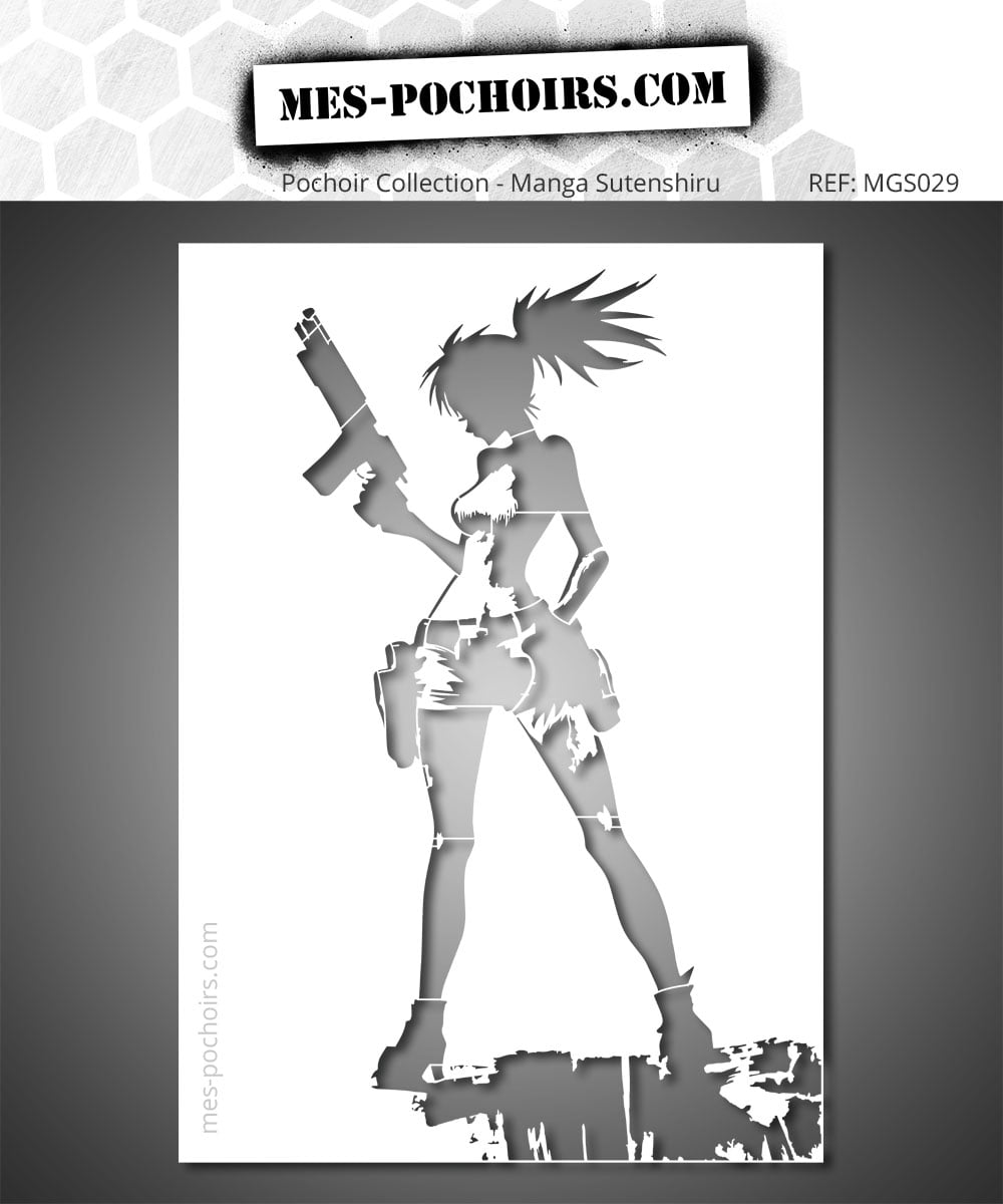 Plantilla manga detallada que representa a una heroína armada con un estilo gráfico moderno e intenso.