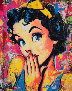 Pochoir icône féminine vintage appliqué sur toile, illustration rétro années 50 style art urbain.