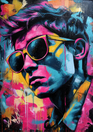 Interpretación colorida de un retrato masculino con gafas negras, destacando el contraste, el estilo y la personalidad visual.
