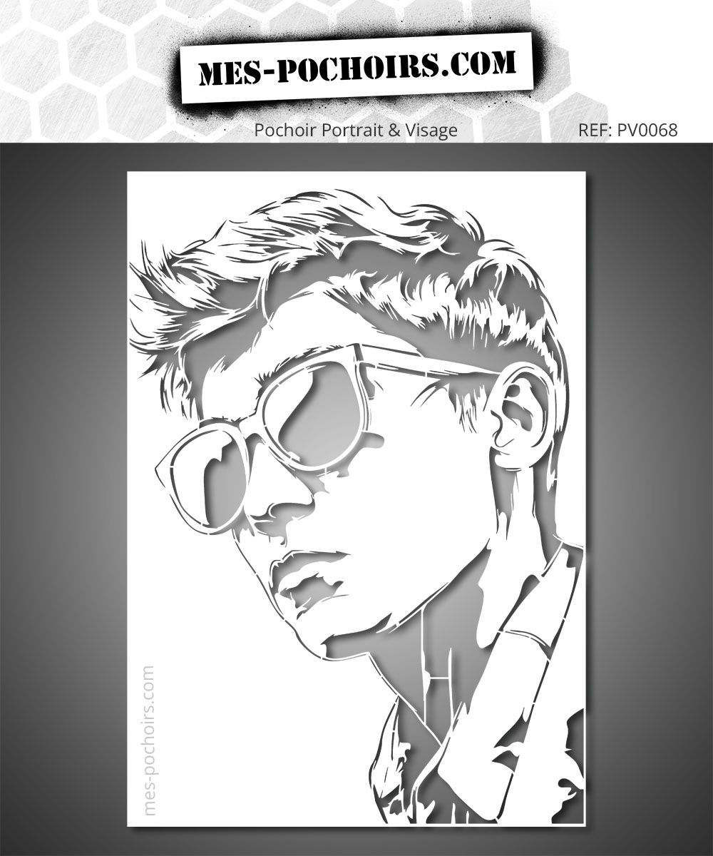 Plantilla que representa un retrato estilizado con gafas negras, compuesto por líneas expresivas y equilibradas para un resultado artístico contemporáneo.