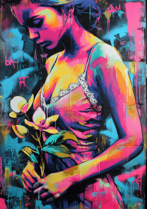 Stencil Attimo sospeso - Arte colorata ispirata allo stencil di una donna con fiori