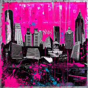 Farbige Illustration der Skyline von Atlanta in einem urbanen, grafischen und zeitgenössischen Stil.