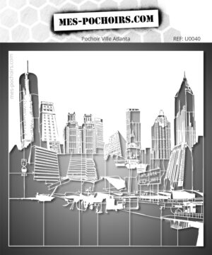 Detailreiche Schablone, die die Skyline von Atlanta mit ihren ikonischen Gebäuden und moderner Architektur darstellt.