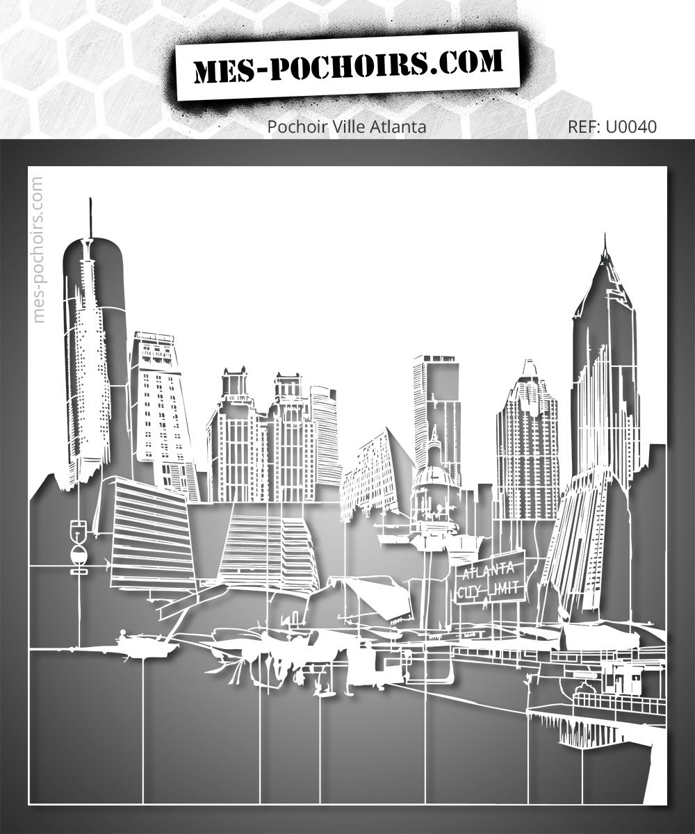 Plantilla detallada representando el skyline de Atlanta con sus edificios emblemáticos y su arquitectura moderna.