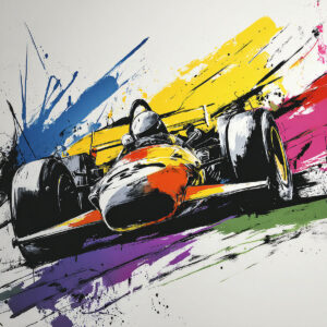 Colorful illustration of a racing car using the stencil.