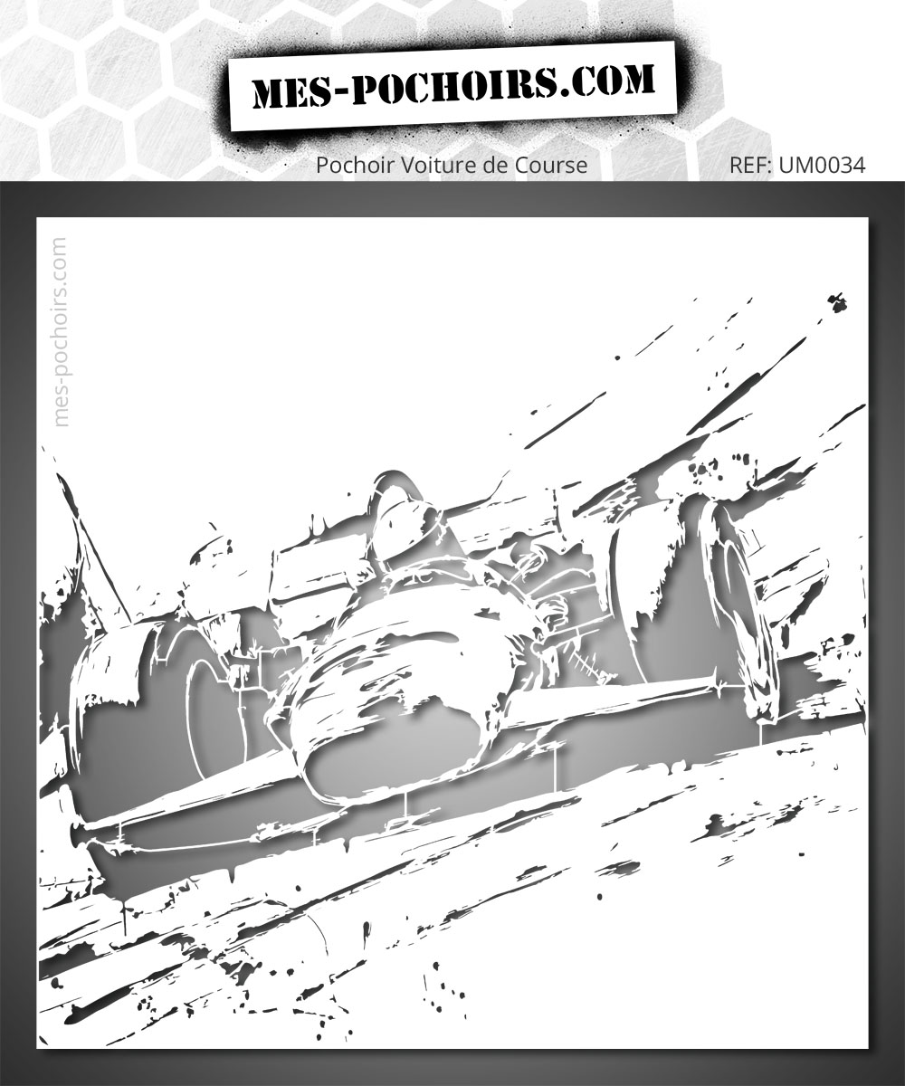 Stencil depicting an F1 racing car in motion.