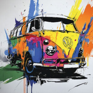 Colorful illustration of a vintage van using the artistic stencil - travel and freedom inspiration, modern and creative wall decoration.