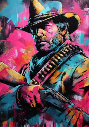 Illustration colorée d’un cowboy western - réalisé au pochoir.